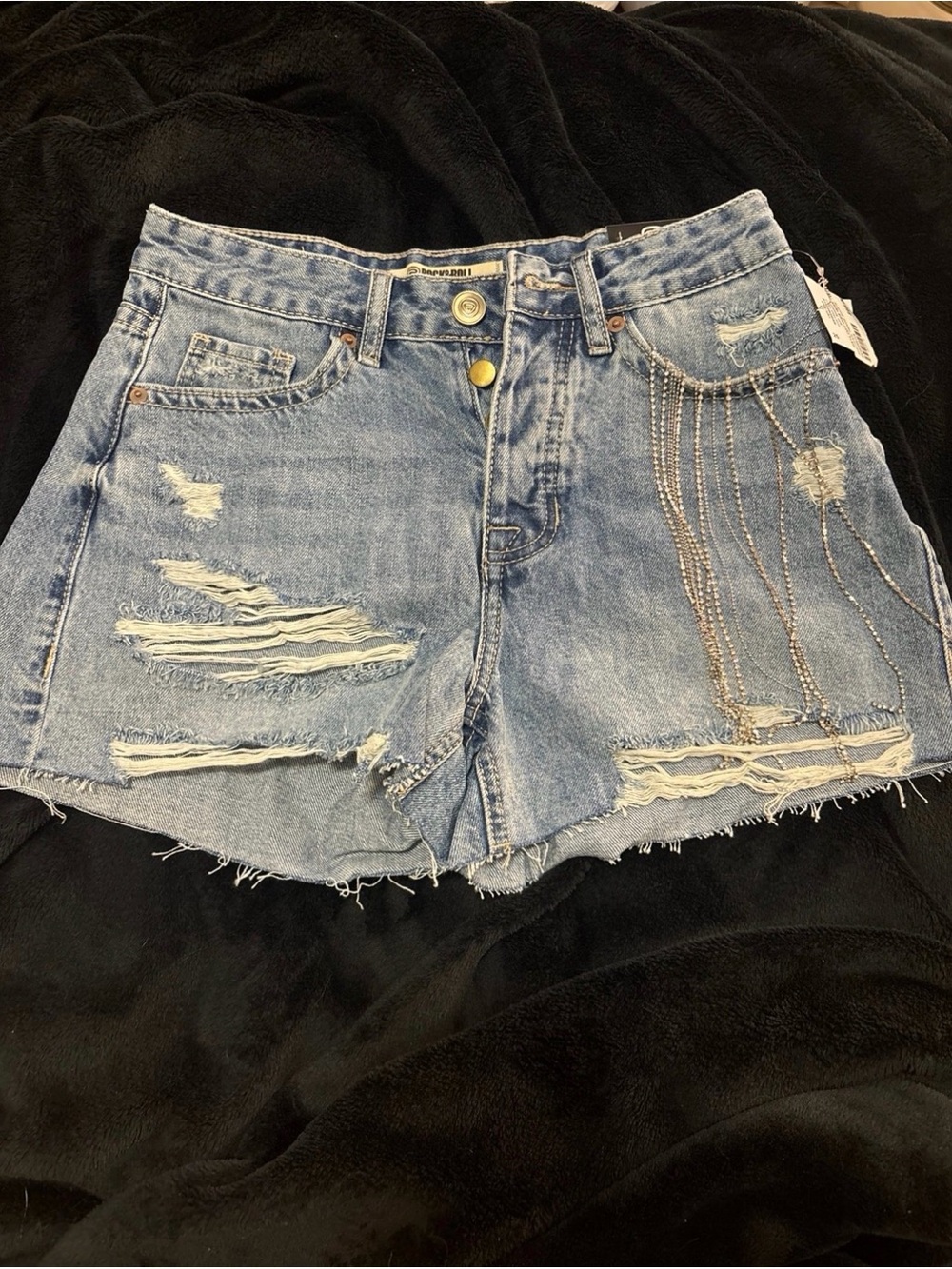 Distressed Light Blue Denim Shorts with Rhinestone Chain Accent